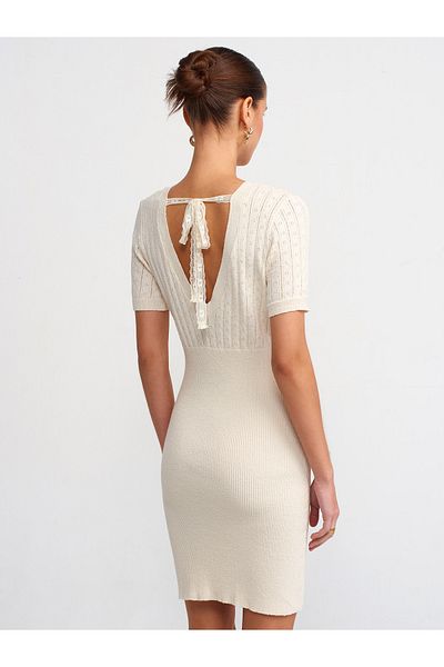 Dilvin 90187 Crew Neck Back Lace Detailed Knitwear Dress-Ecru