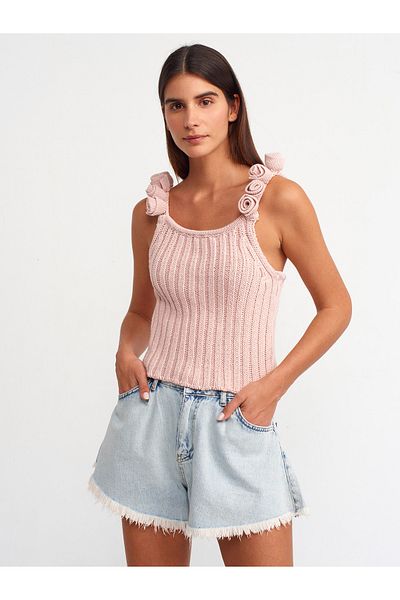 Dilvin 10524 Straped Handcrafted Flower Detailed Knitwear Top-Powder