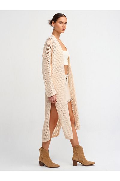 Dilvin 60227 Tricotaj ajurat cu mâneci kimono Cardigan-Natural