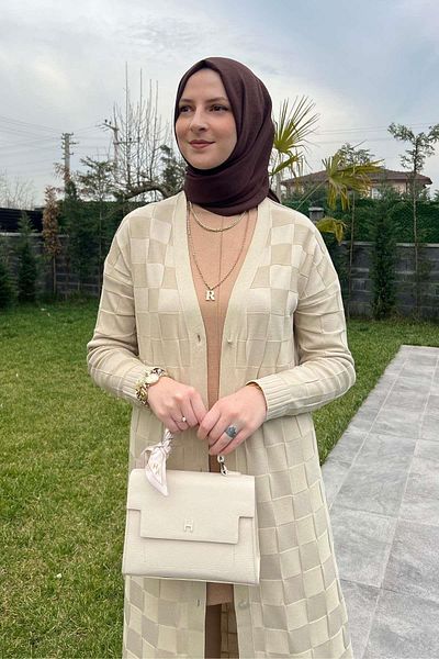 Rabia Şamlı Πλεκτή ζακέτα με πέτρινο πολύχρωμο σχέδιο σκακιέρας