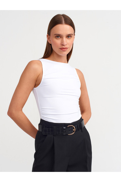 Dilvin 20827 Model - White Sleeveless and Gathered Ball