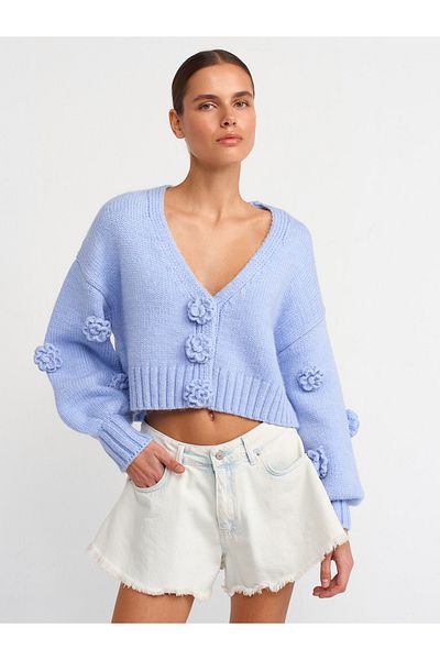 Dilvin 60216 Cardigan de tricotaj albastru - decolteu în V, mânecă cu balon brodat cu trandafiri