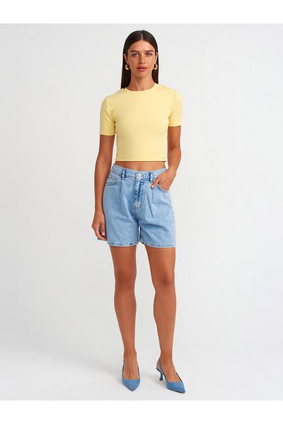 Dilvin 71679 Pantaloni scurți albastru din denim plisat