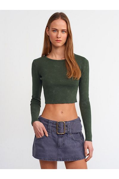 Dilvin 10510 Pale Effect Bicycle Collar Crop Sweater-Khaki