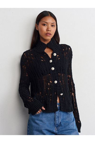 Dilvin 60243 Black Knitwear Cardigan - Pearl Buttoned