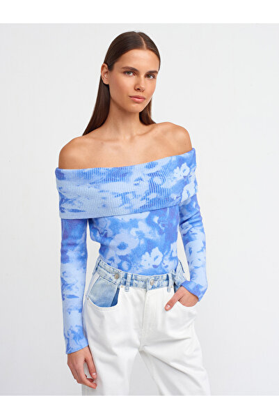 Dilvin 10521 Pulover cu imprimeu floral cu guler bardot cu textura moale-alba...