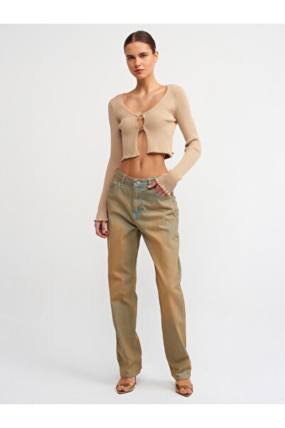 Dilvin 60134 U Collar Knitwear Cardigan with Accessories on the Front-beige