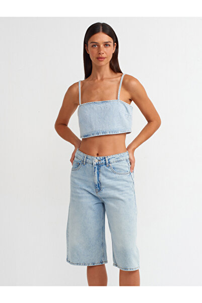 Dilvin 71675 Dökümlü Kumaş Denim Kapri-Mavi