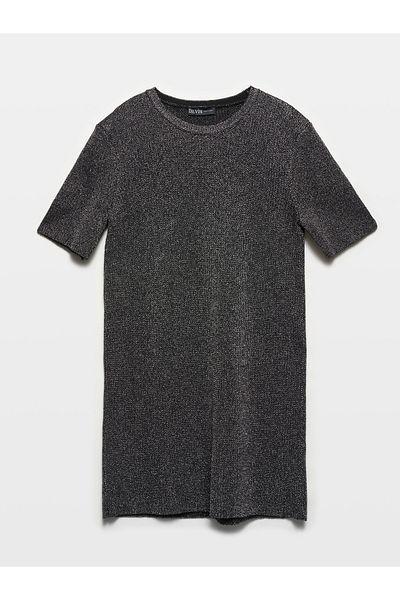 Dilvin 90231 Mini rochie din tricot argintiu strălucitor - S.