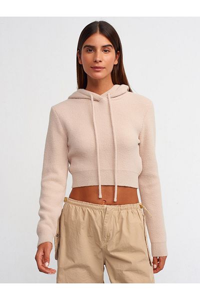 Dilvin 10486 Pulover crop cu glugă cu textura moale-bej