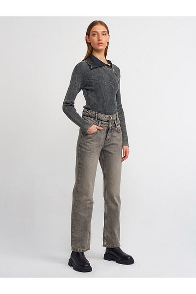 Dilvin 71407 Pantaloni drepti din denim cu centură dublă - antracit