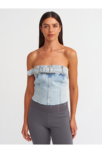 Dilvin 50728 Straplez Kemerli Denim Büstiyer-Mavi
