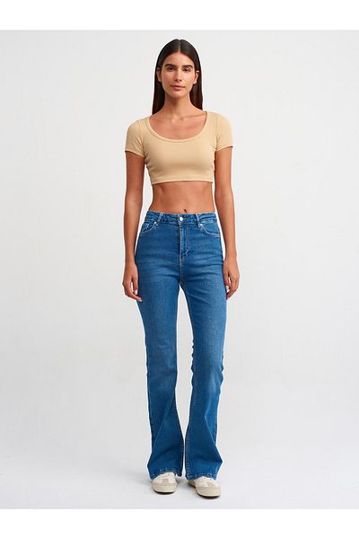 Dilvin 71452 Pantaloni evazați din denim auto-nuanțați-albastru