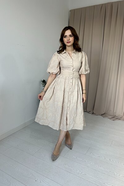 HELİS BUTİK Μπεζ Κέντημα Φόρεμα - Μανίκι με μπαλόνι και ζώνη με πιέτες