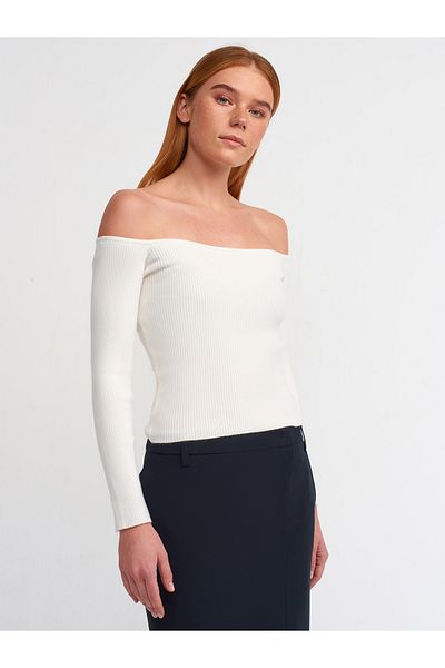 Dilvin 10503 Bardot Collar Corded Crop Sweater-Ecru