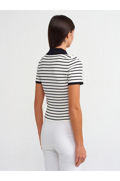Dilvin 60239 Cardigan din tricotaj în dungi cu gât polo - Negru-Ecru