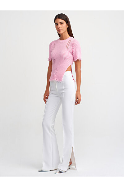 Dilvin 10555 Crew Neck Ripped Detailed Knitwear Sweater-Pink