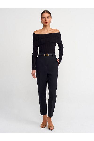 Dilvin 71233 Belted High Waist Trousers-Black