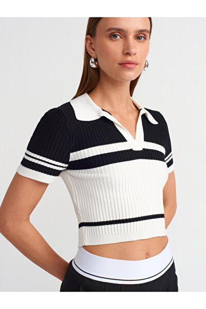 Dilvin 10591 Polo Neck Ecru-Μαύρο ριγέ Crop πουλόβερ