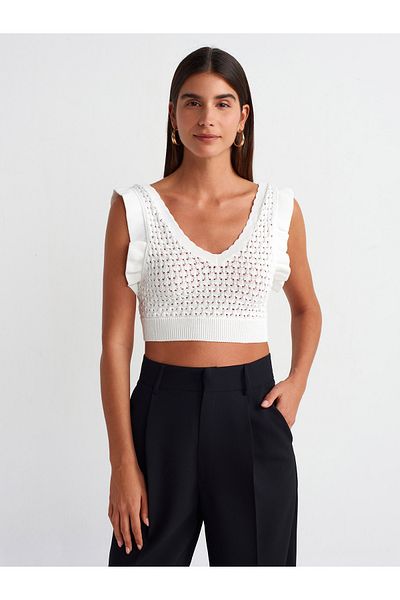 Dilvin 10546 Πλεκτό με βολάν με λαιμόκοψη Crop-ecru
