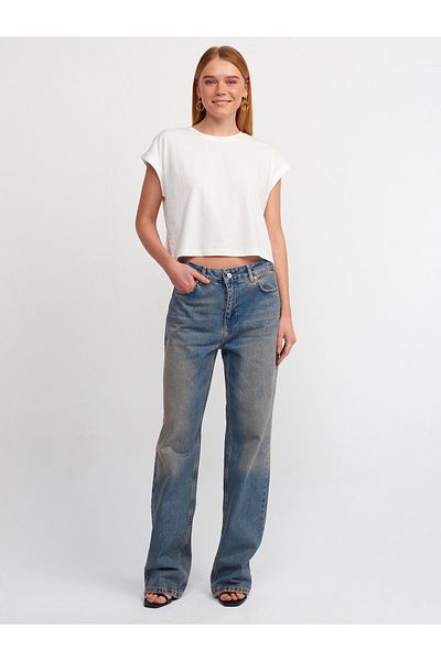 Dilvin 71413 Pantaloni largi din denim cu talie joasă-Tint