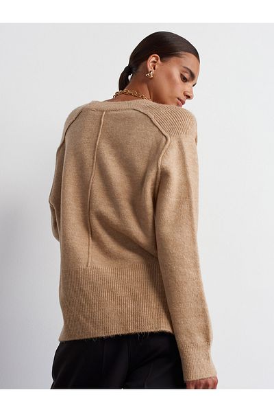 Dilvin 10630 Model V-Neck and Slit Knitwear Sweater - Dark Beige