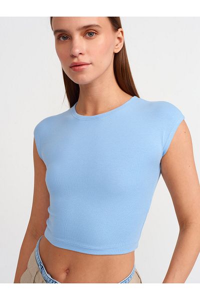 Dilvin 30528 Crop Top albastru - amestec de bumbac și modal