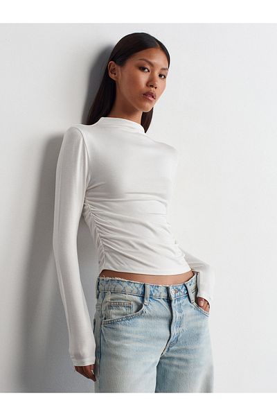 Dilvin 30504 Gathered Viscose Long Sleeve Top-Ecru