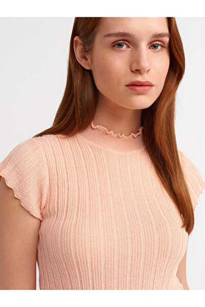 Dilvin 10518 Dik Yaka Transparan Triko Bluz-şeftali