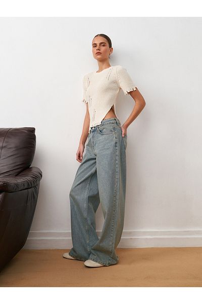 Dilvin 71439 Pantaloni largi din denim cu tentă verde-Tint