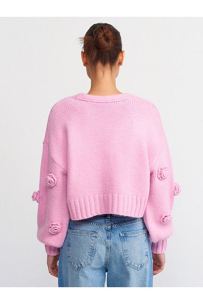 Dilvin 60216 Model - Pink V-neck Embroidered Knitwear Cardigan with Balloon Sleeve