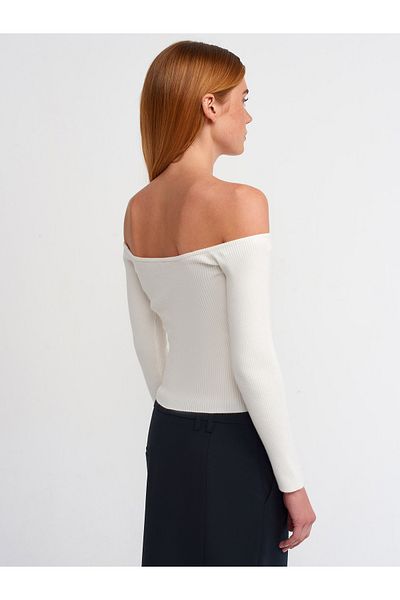 Dilvin 10503 Bardot Collar Corded Crop Sweater-Ecru