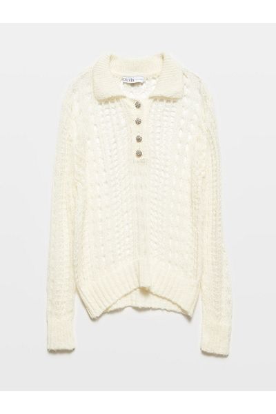 Dilvin 10624 Model Polo Collar and Stone Buttoned Openwork Knitwear Sweater - Ecru