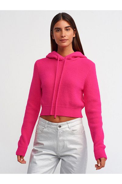 Dilvin 10486 Pulover crop cu glugă cu textura moale-fucsia