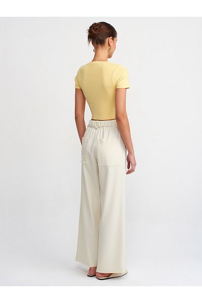 Dilvin 71251 Elastic Waist Wide Leg Trousers-Ecru