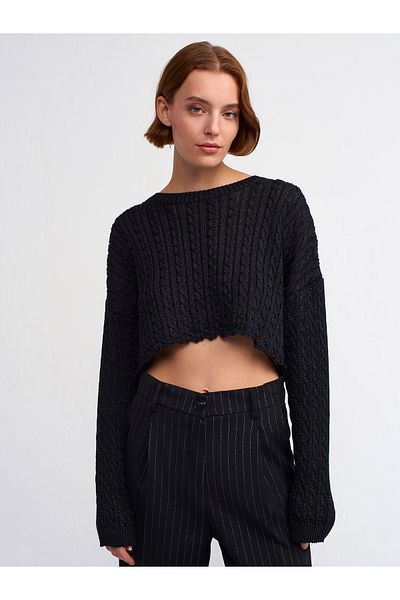 Dilvin 10440 Tricoturi împletite cu sclipici cu gât crew-negru