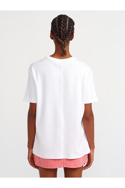 Dilvin 31218 White Cotton T-shirt - Stitching Detail