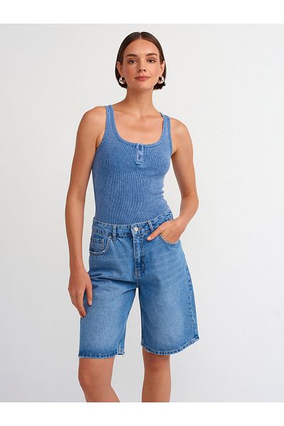 Dilvin 20840 Indigo Buttoned Tank Top with Washing Effect
