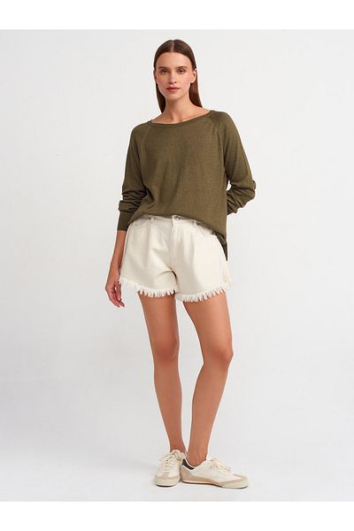 Dilvin 10557 Khaki Glittered Crew Neck Thin Knitwear Sweater