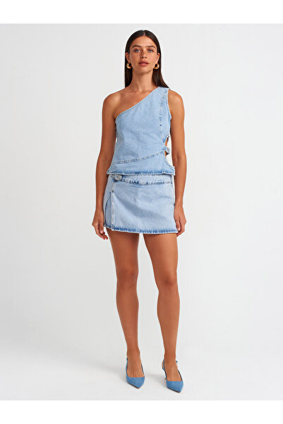 Dilvin 71680 Сині джинсові шорти-спідниця - з боковими застібками