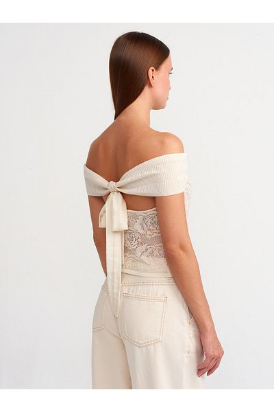 Dilvin 10581 Ecru Knitwear Blouse - Bardot Collar and Bow Detail