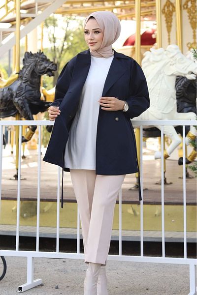 ALNİSS COLLECTİON Double Breasted Collar Trench Coat with Button Detail on the Front