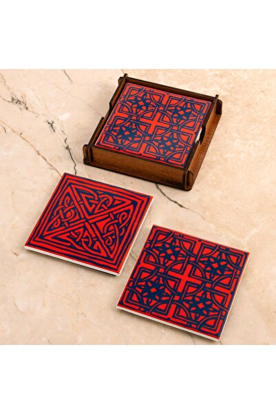 Anadolia Etnik Desenler Seramik Ahşap Kutulu 2'li Bardak Altlığı