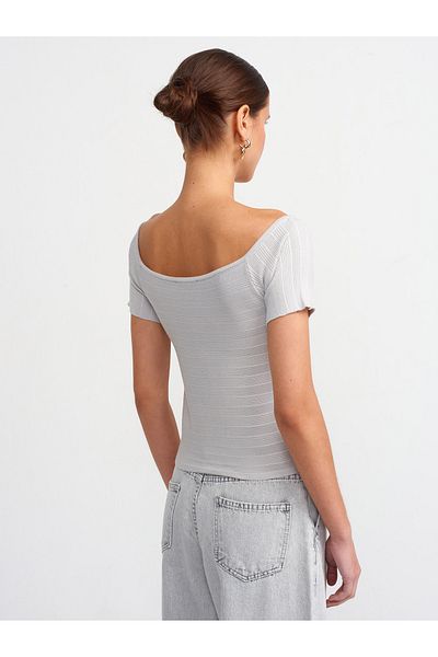 Dilvin 10528 Model Bardot Collar - Light Gray Knitwear Blouse