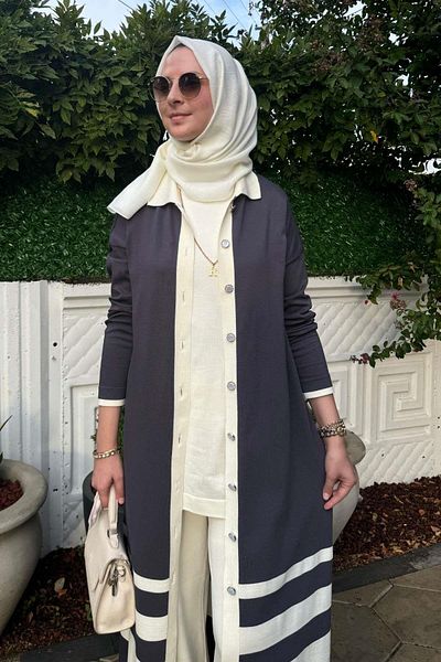 Rabia Şamlı Anthracite Image Striped Knitwear Cardigan