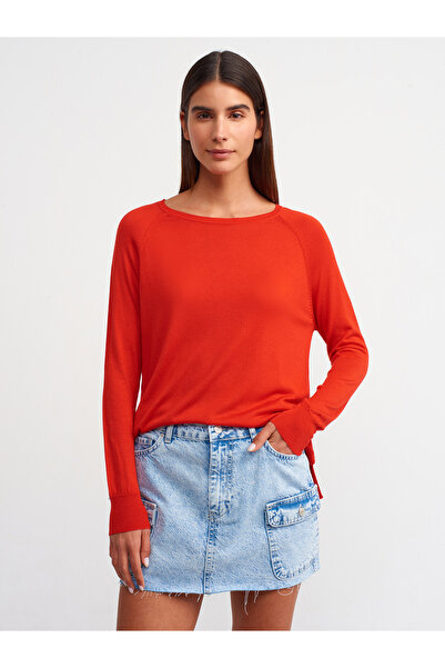 Dilvin 10536 Tricotaj subțire cu gât rotund-Roșu