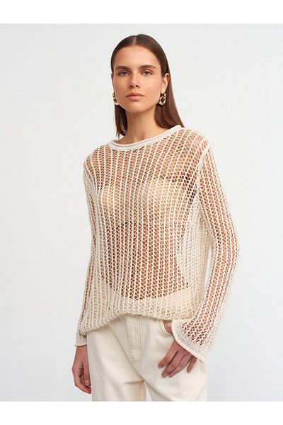 Dilvin 10537 Crew Neck Openwork Transparent Sweater-ecru
