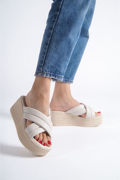Afrodit CLZ948 Women's Slippers - Orthopedic Sole, Straw Look, Wedge Heels, Cream Color