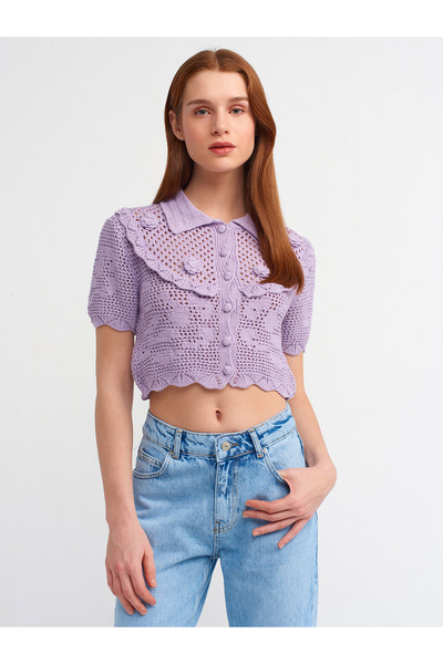 Dilvin 60217 Πόλο Γιάκα δαντελωτή πλέξη Πλεκτό Ζακέτα-Λεβάντα