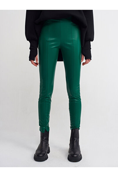 Dilvin 7866 Fermuarlı Suni Deri Tayt Pantolon-Petrol